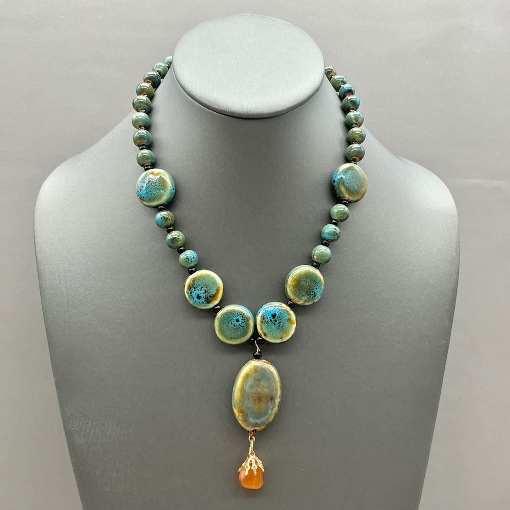 Ceramic Bead Pendant Necklace Women Green Blue Earthy Boho Magnetic Clasp ]